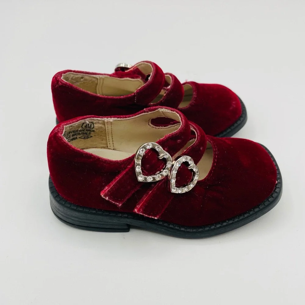 Vtg Sprockets Mary Jane Red Velvet Rhinestone Heart Buckle Baby Girl 4 Coquette